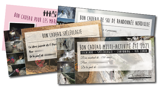 Bons cadeaux activités spéléo, escalade, canyoning, ski de randonnée nordique…